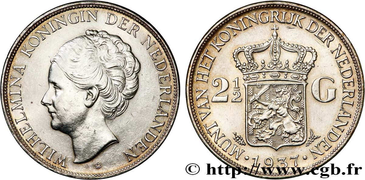 NETHERLANDS 2 1/2 Gulden Wilhelmina 1937 Utrecht AU 
