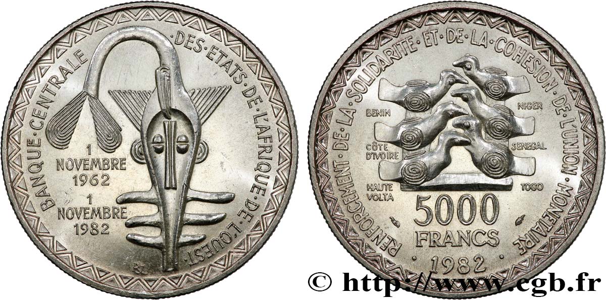 ÉTATS DE L AFRIQUE DE L OUEST (BCEAO) 5000 Francs masque 1982 Paris SPL 