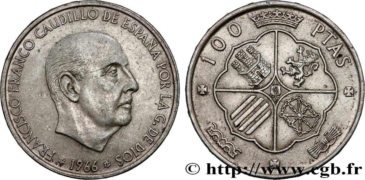 SPANIEN 100 Pesetas Francisco Franco (1967 dans les étoiles) 1966  fVZ 