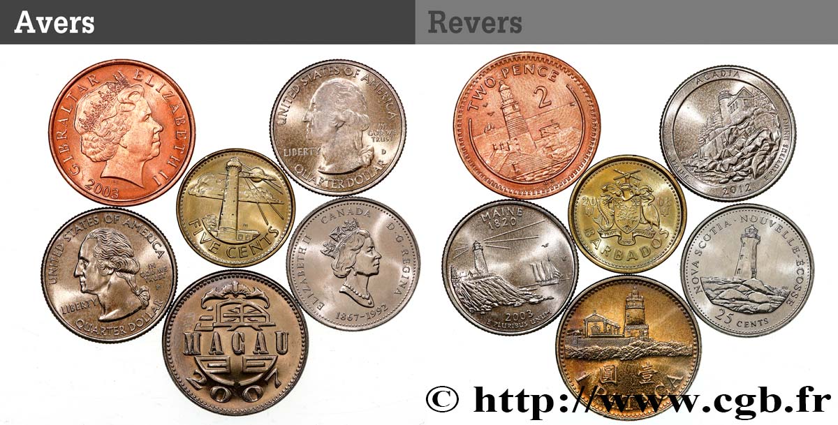 LOTTE Lot de 6 monnaies représentant des phares Années diverses  MS 