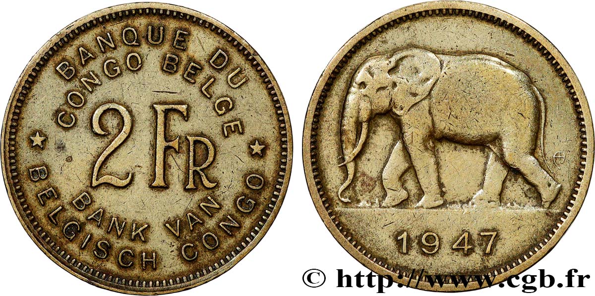 CONGO BELGE 2 Francs éléphant 1947  SUP 