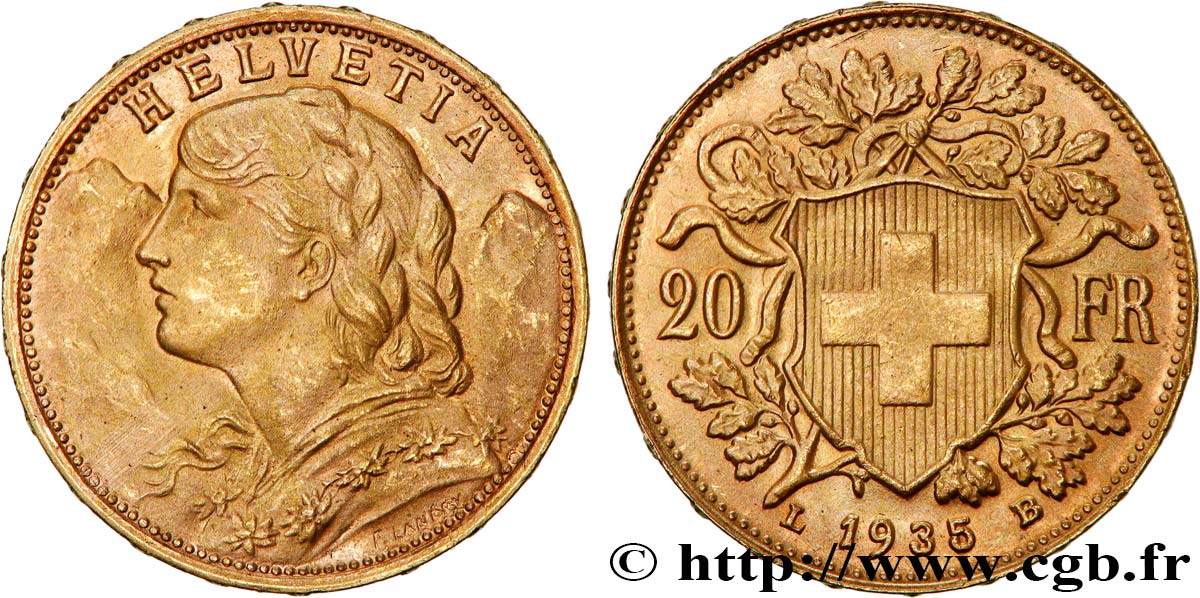 OR, PALLADIUM ET PLATINE INVESTISSEMENT 20 Francs  Vreneli   1935 Berne SUP 