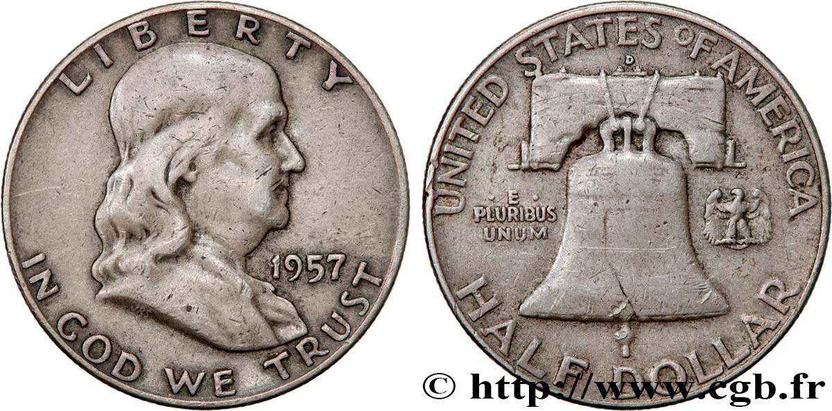 ÉTATS-UNIS D AMÉRIQUE 1/2 Dollar Benjamin Franklin 1957 Denver TB+ 