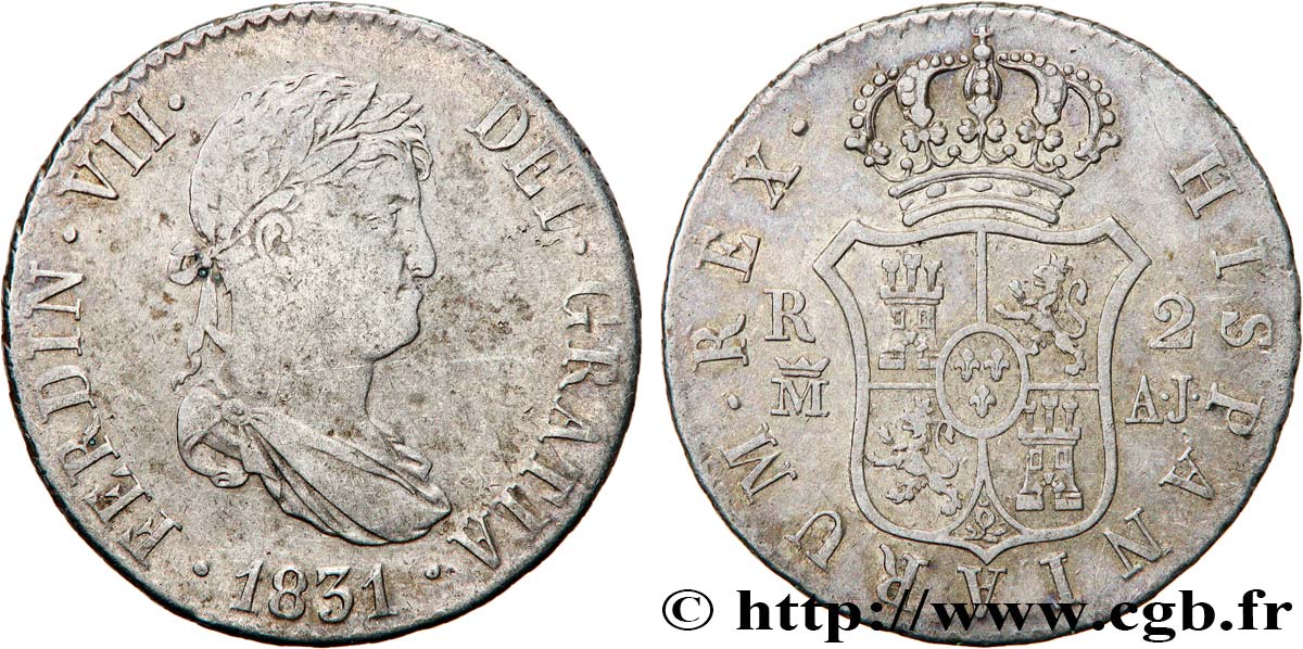 ESPAGNE 2 Reales Ferdinand VII 1831 Madrid TB+ 