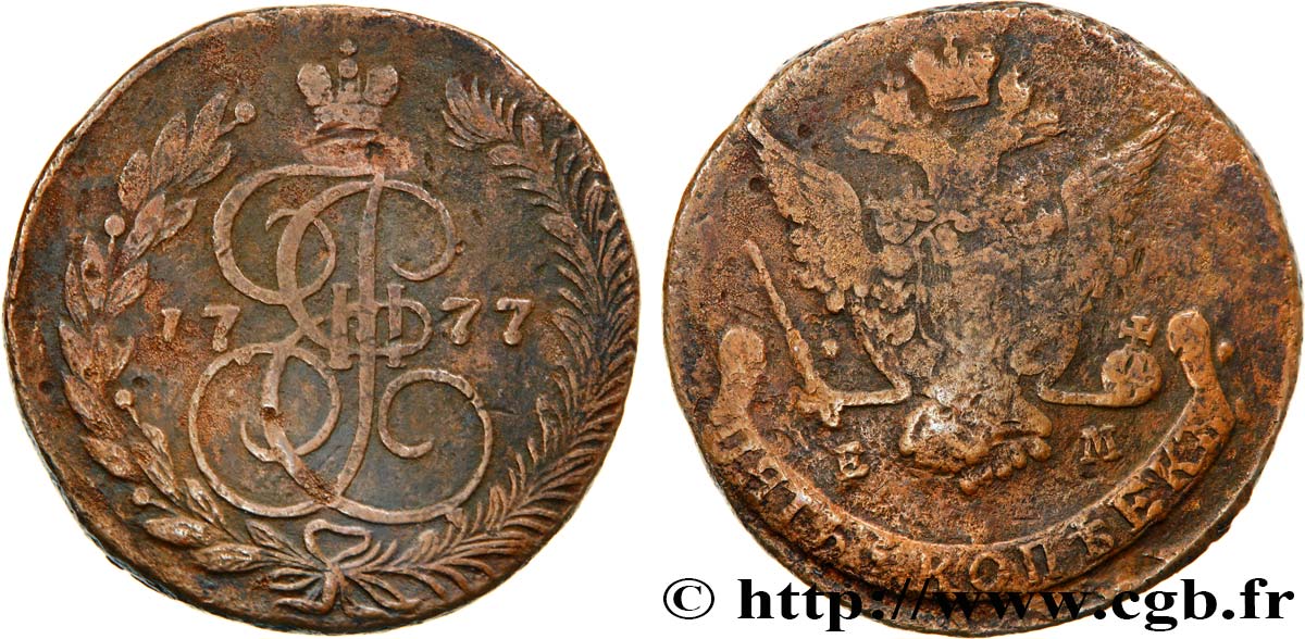 RUSSIE 5 Kopecks Catherine II 1777 Ekaterinbourg TB 