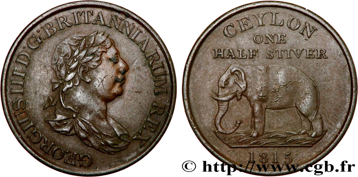 CEYLON 1/2 Stiver Georges III / éléphant 1815  fVZ 