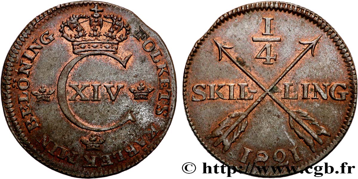 SVEZIA 1/4 Skilling monogramme du roi Charles XIV 1821  q.SPL 