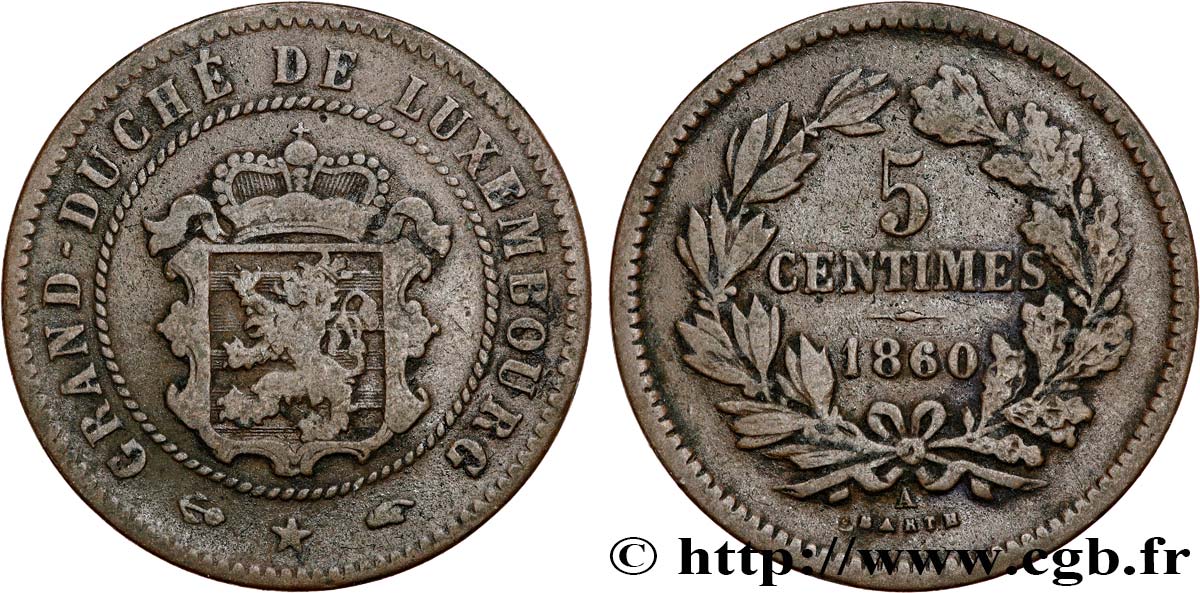 LUXEMBOURG 5 Centimes écu couronné 1860 Paris VF 