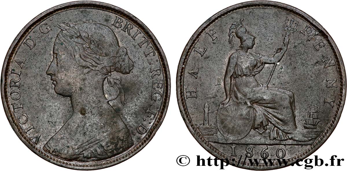 REGNO UNITO 1/2 Penny Victoria “Bun Head” 1860  q.BB 