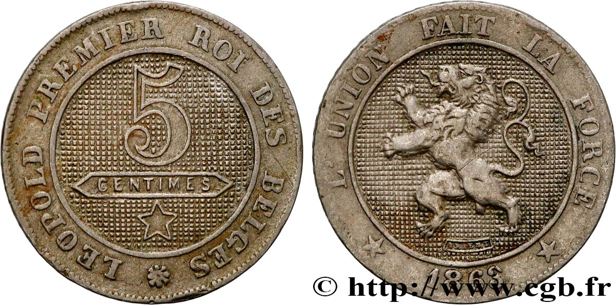 BELGIUM 5 Centimes lion légende Française 1863  XF 