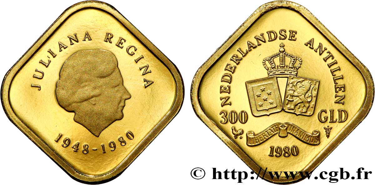 ANTILLES NÉERLANDAISES 300 Gulden Proof Abdication de la reine Juliana 1980  SPL 