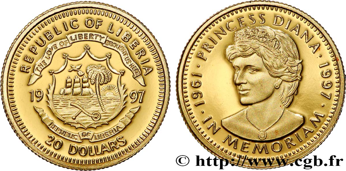 LIBERIA 20 Dollars Proof Princesse Diana 1997  FDC 