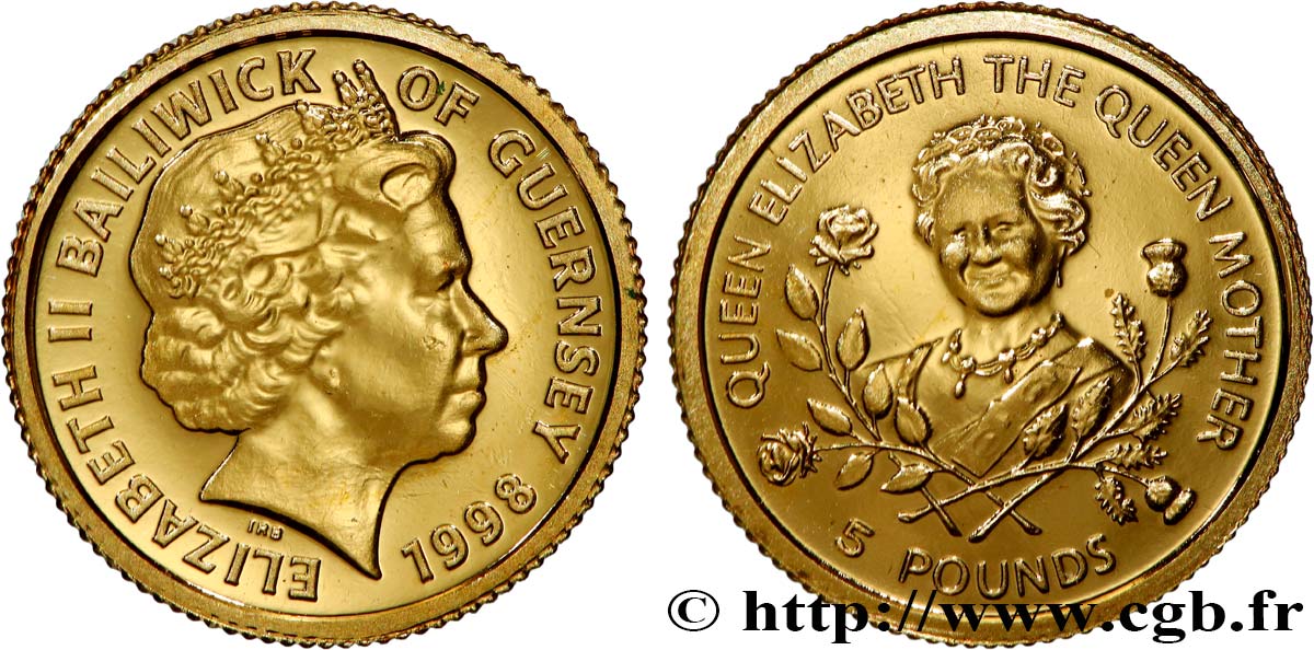 GUERNSEY 5 Pounds (Livres) 80e anniversaire de la Reine Mère Élisabeth 1998  EBC 