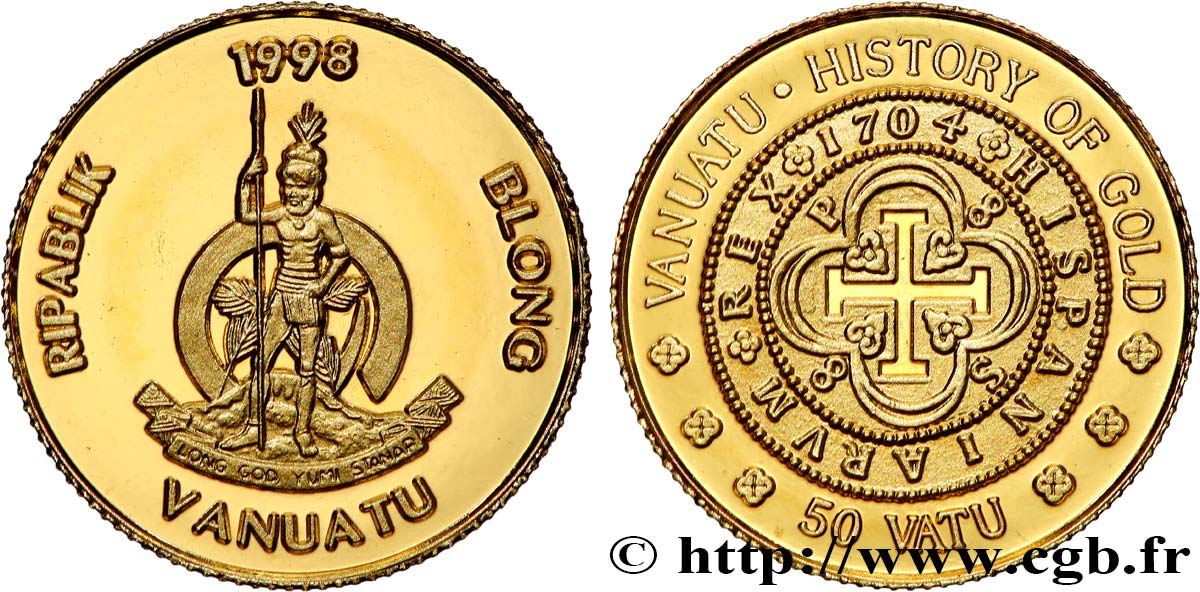 VANUATU 50 Vatu Proof Histoire de l’or - monnaie espagnole 1998  FDC 