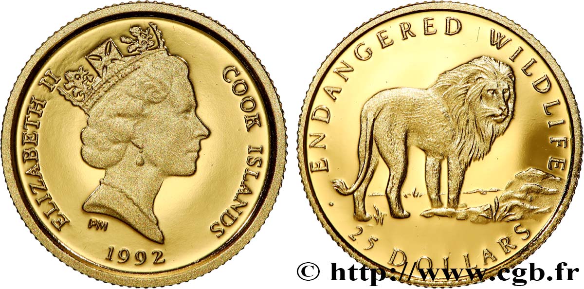 ÎLES COOK  25 Dollar Proof espèces en danger : lion 1992 Pobjoy Mint FDC 