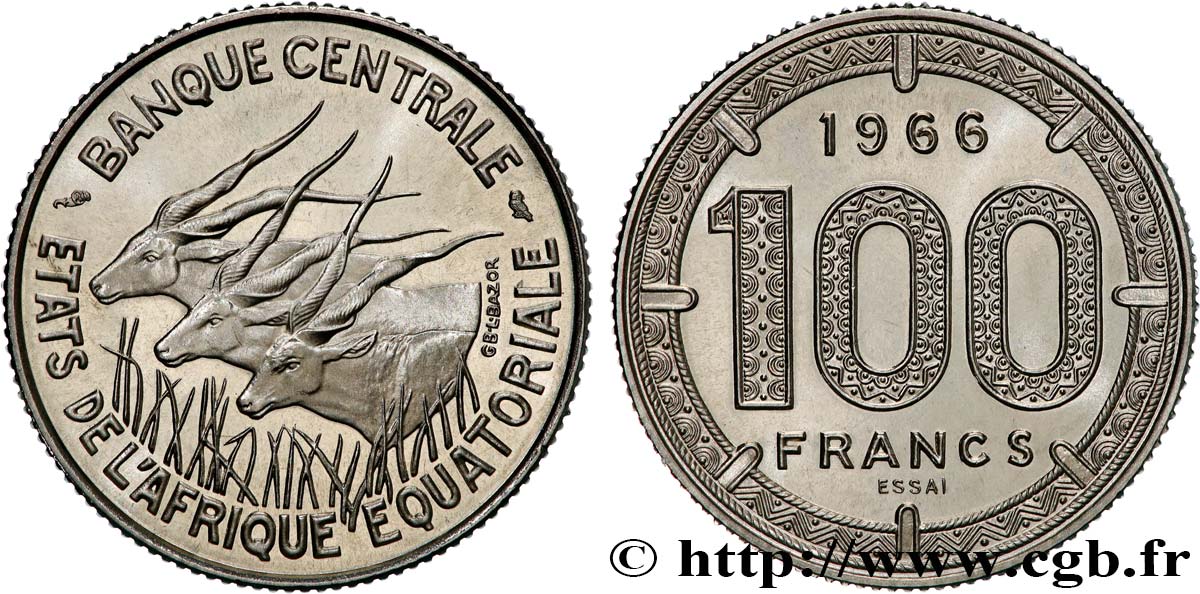ÉTATS DE L AFRIQUE ÉQUATORIALE Essai de 100 Francs antilopes 1966 Paris SPL 