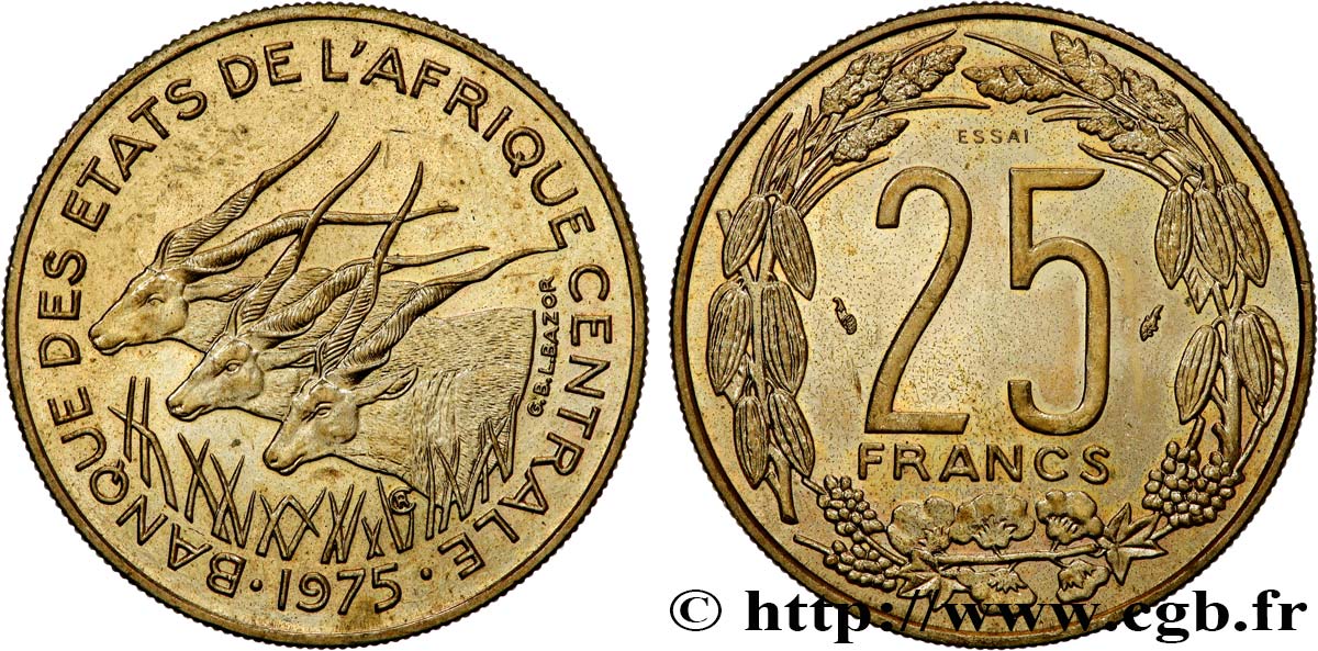 CENTRAL AFRICAN STATES Essai de 25 Francs grandes antilopes 1975 Paris MS 