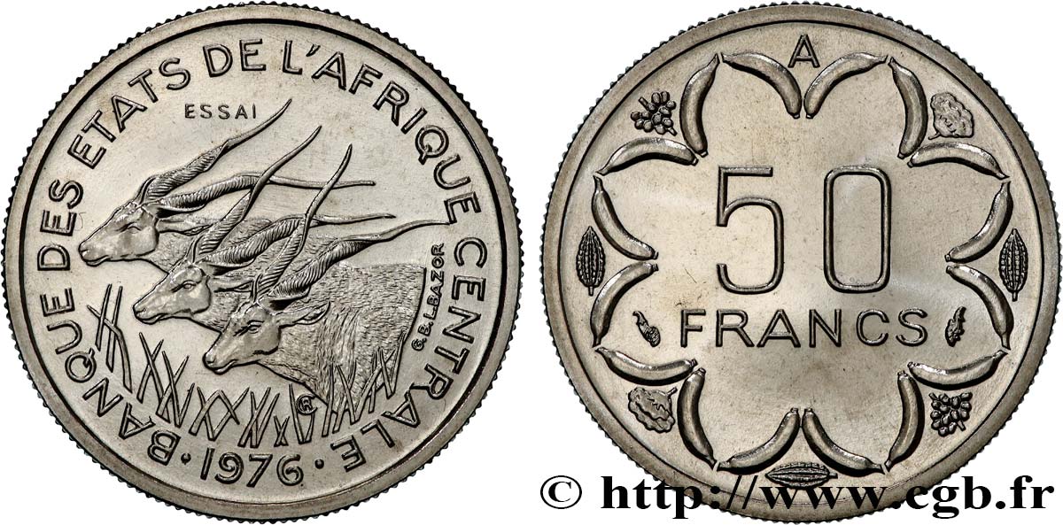 ÉTATS DE L AFRIQUE CENTRALE Essai de 50 Francs BEAC antilopes (A) Tchad 1976 Paris SPL 