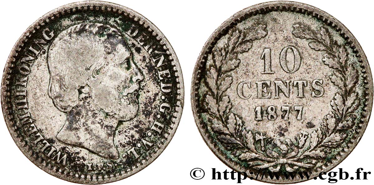 NETHERLANDS 10 Cents Guillaume III 1877 Utrecht VF 