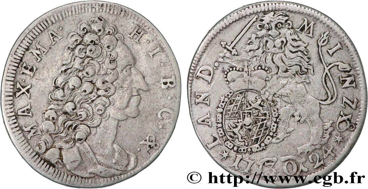 GERMANIA - BAVIERIA 30 Kreuzer Maximilien II Emmanuel 1724 Munich q.BB 