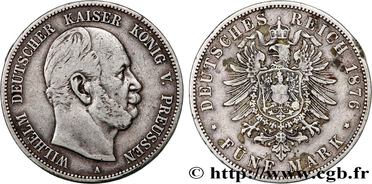 GERMANIA - PRUSSIA 5 Mark Guillaume 1876 Berlin BB 