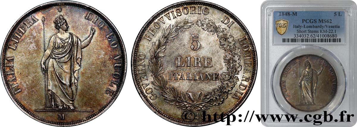 ITALY - LOMBARDY 5 Lire Gouvernement provisoire de Lombardie 1848 Milan MS62 PCGS