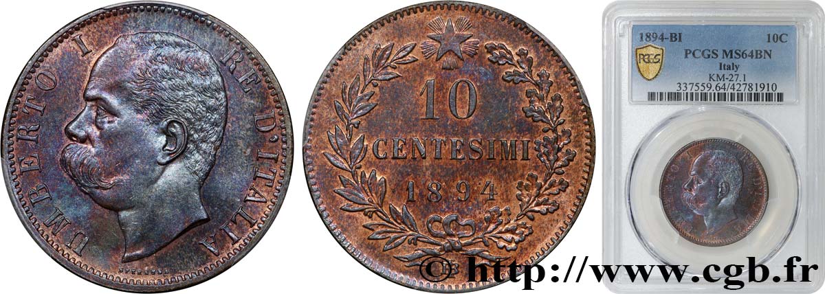 ITALY 10 Centesimi Humbert Ier 1894 Birmingham MS64 PCGS