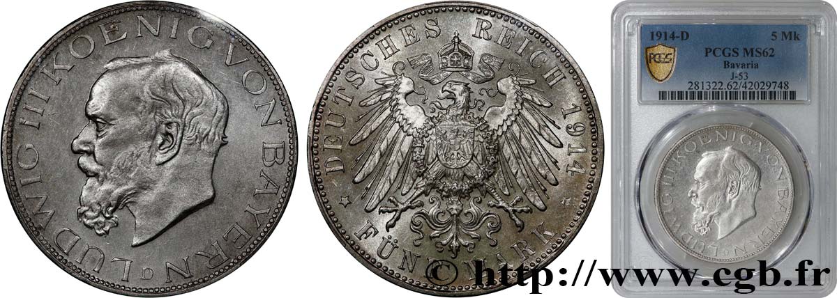 GERMANIA - BAVIERIA 5 Mark Léopold III 1914 Munich SPL62 PCGS