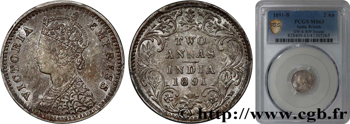 BRITISH INDIA 2 Annas Victoria 1891 Bombay MS63 PCGS