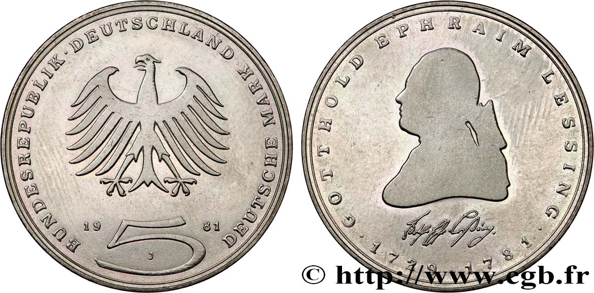 DEUTSCHLAND 5 Mark aigle Gotthold Ephraim Lessing 1981 Hambourg - J VZ 