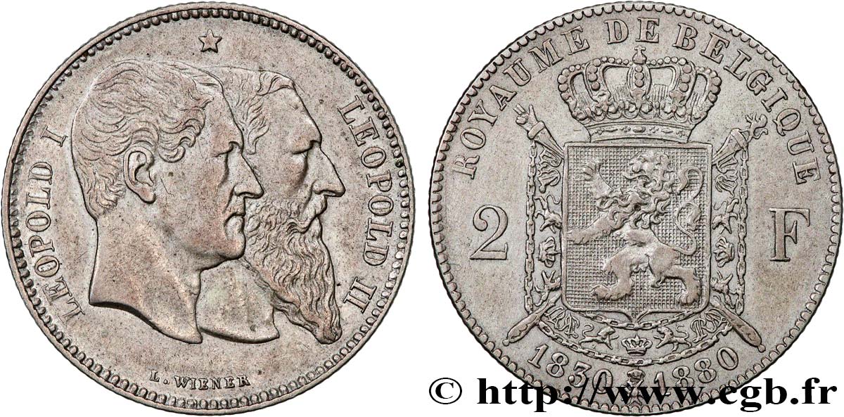 BELGIQUE 2 Francs 50e anniversaire de l’indépendance 1880  TTB+ 