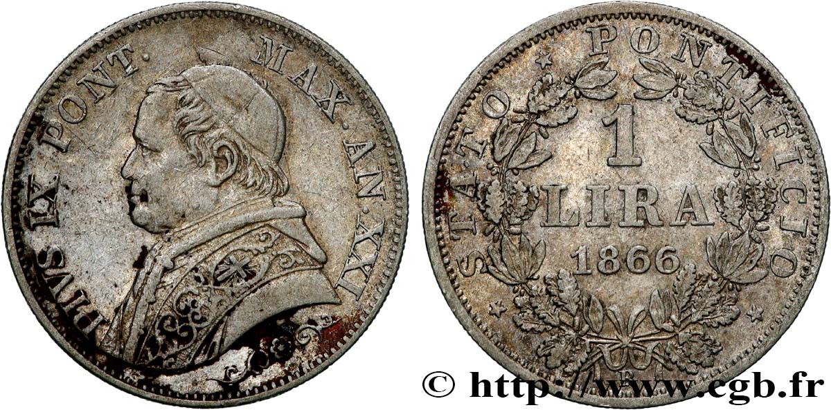ITALIA - ESTADOS PONTIFICOS - PIE IX (Giovanni Maria Mastai Ferrettii) 1 Lira type petit buste an XXI 1866 Rome MBC 