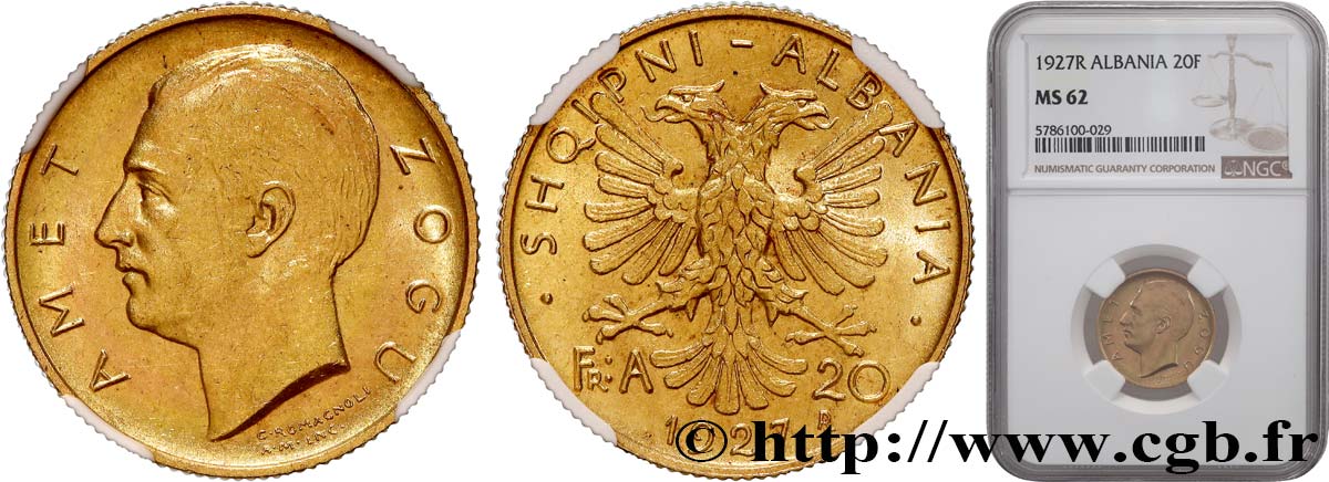 ALBANIE - RÉPUBLIQUE PUIS ROYAUME D ALBANIE - ZOG 20 Franga Ari 1927 Rome MS62 NGC