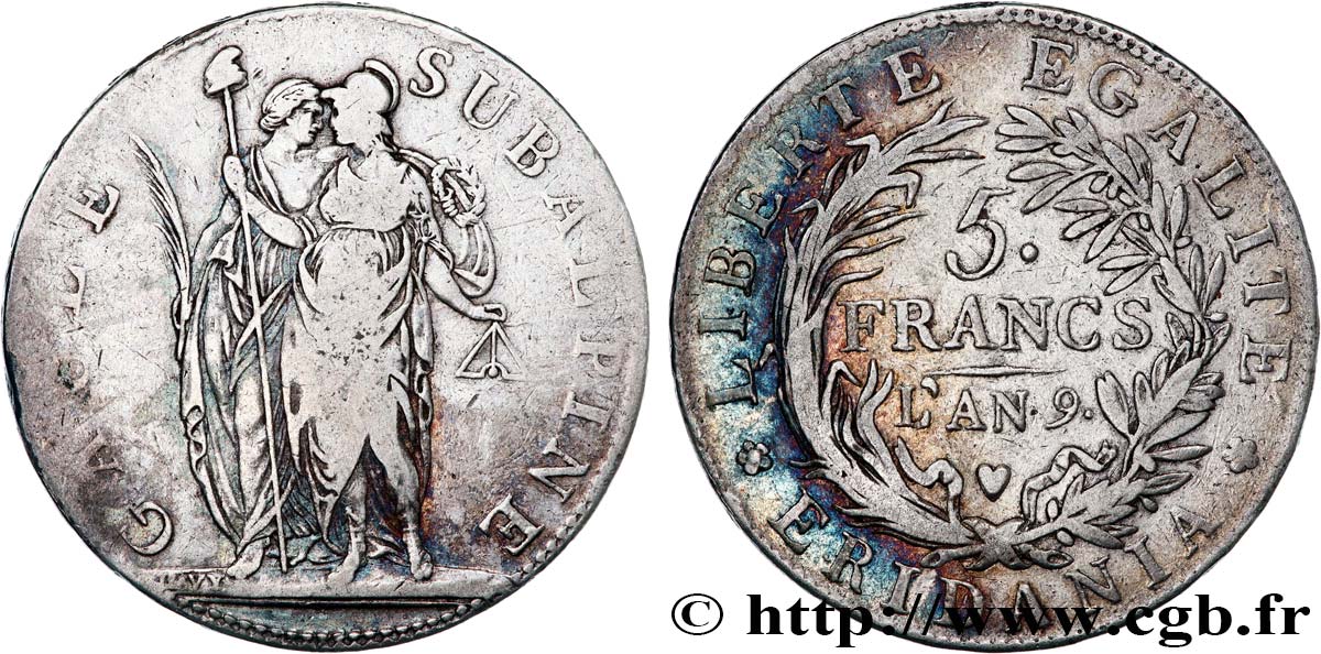 ITALIA - GALIA SUBALPINA 5 Francs an 9 1801 Turin MB 