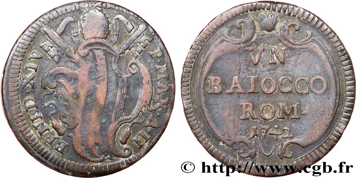 VATICAN AND PAPAL STATES 1 Baiocco armes du vatican frappée au nom de Benoît XIV an III 1742 Rome VF 