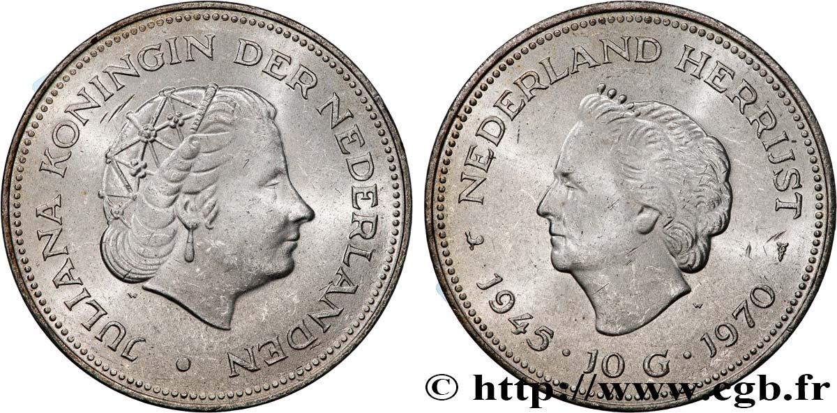NETHERLANDS 10 Gulden 25e anniversaire de la libération 1970 Utrecht AU 