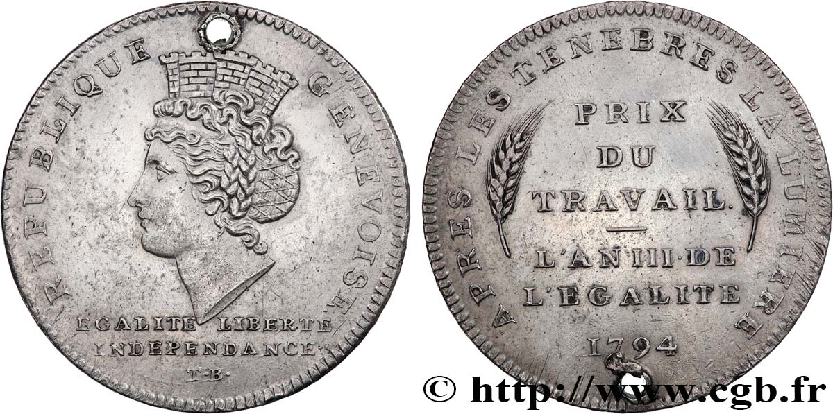 SUISSE - RÉPUBLIQUE DE GENÈVE 1 Genevoise (10 Décimes) trouée 1794  TTB+ 