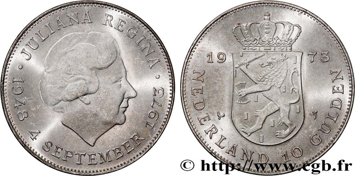 NETHERLANDS 10 Gulden 25e anniversaire de règne, reine Juliana 1973 Utrecht AU 