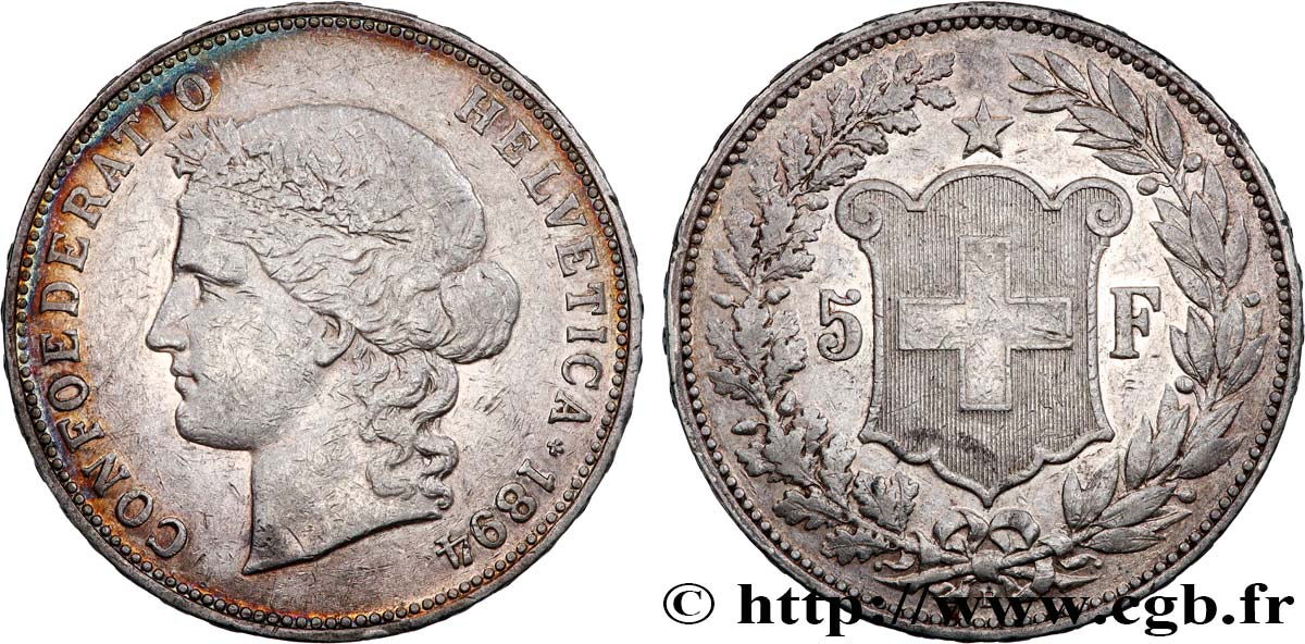SUISSE 5 Francs Helvetia 1894 Berne TB+ 