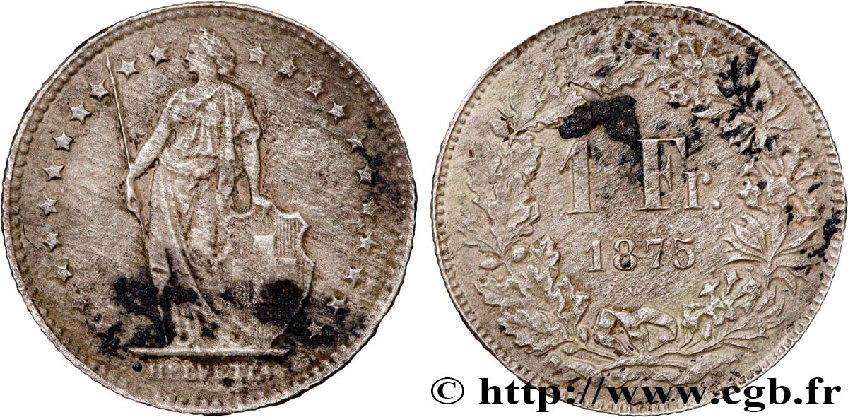 SWITZERLAND 1 Franc Helvetia 1875 Berne XF 