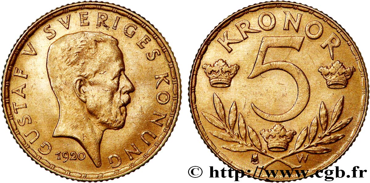 SWEDEN 5 Kronor Gustave V 1920  AU 