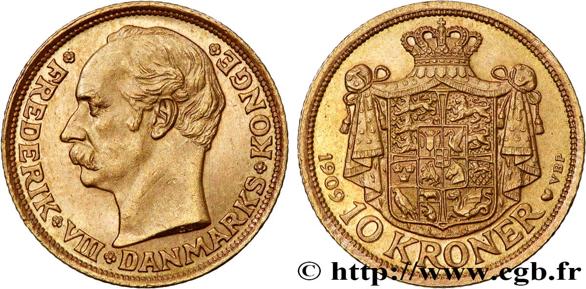 DANEMARK 10 Kroner Frédéric VIII 1909 Copenhague SPL 