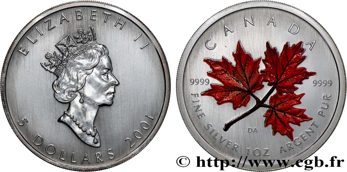 CANADá
 5 Dollars (1 once) Proof feuilles d’érables 2001  FDC 