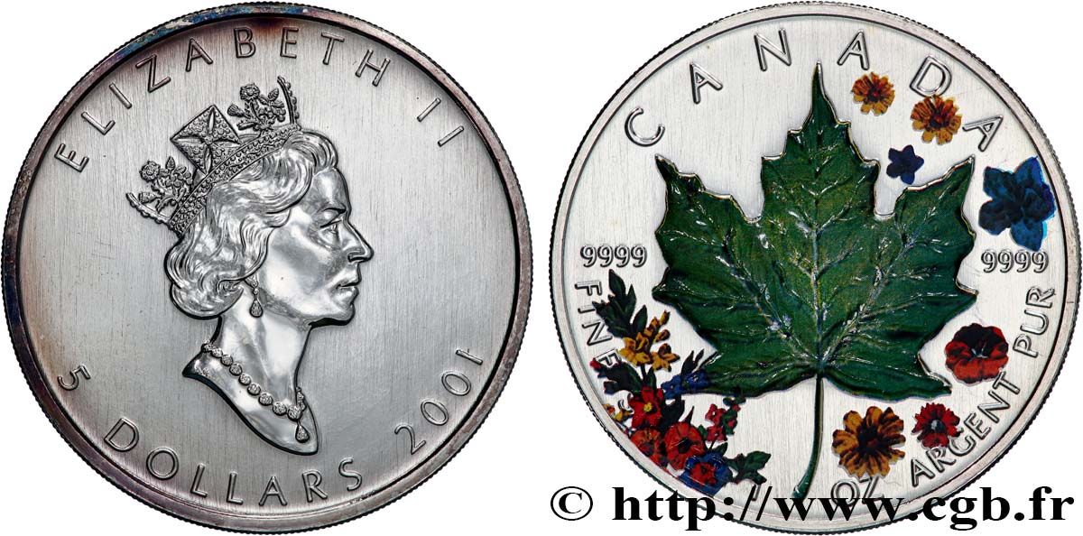 CANADá
 5 Dollars (1 once) feuille d’érable 2001  FDC 