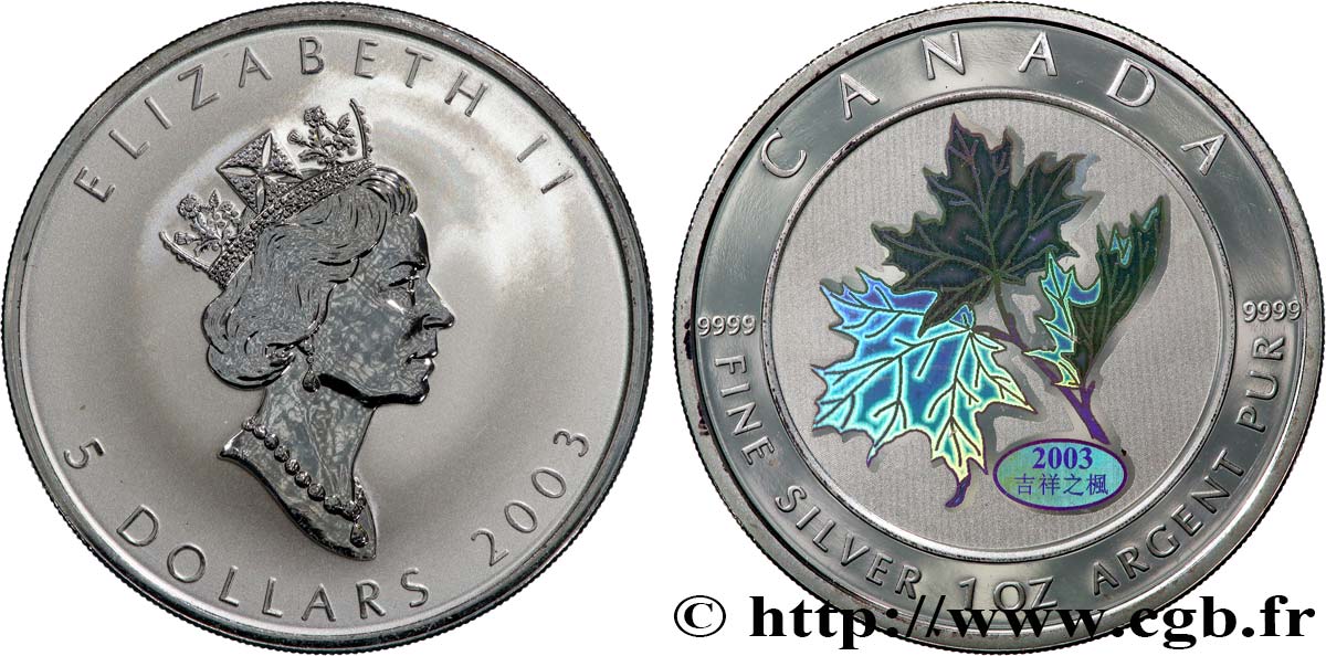 CANADá
 5 Dollars (1 once) Proof feuilles d’érables en hologramme 2003  SC 