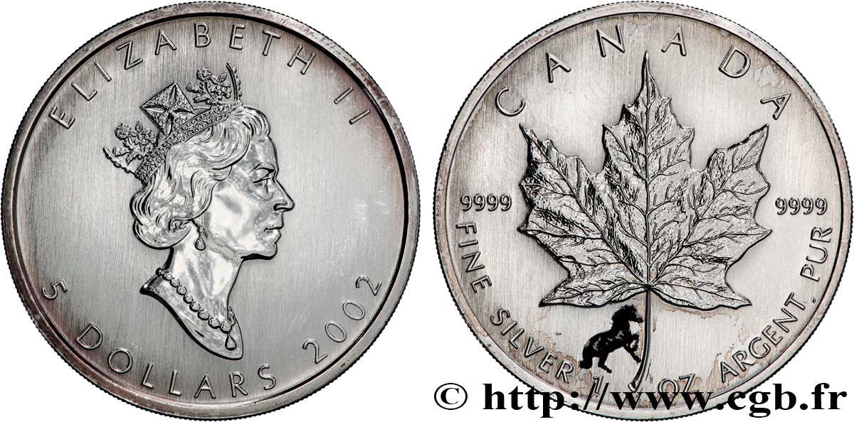 CANADA 5 Dollars (1 once) feuille d’érable colorisée 2002  SPL 