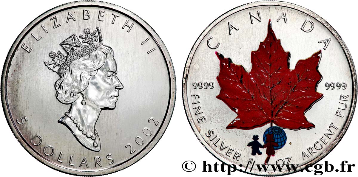 CANADA 5 Dollars (1 once) feuille d’érable colorisée 2002  SPL 