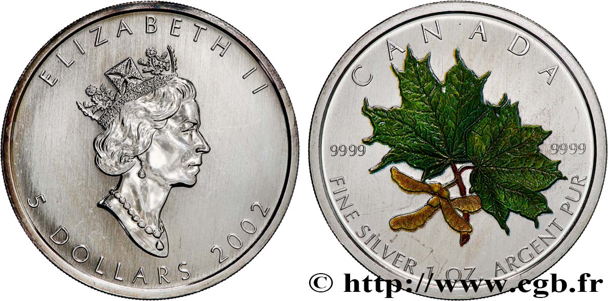 CANADá
 5 Dollars (1 once) feuilles d’érables couleurs de printemps 2002  SC 