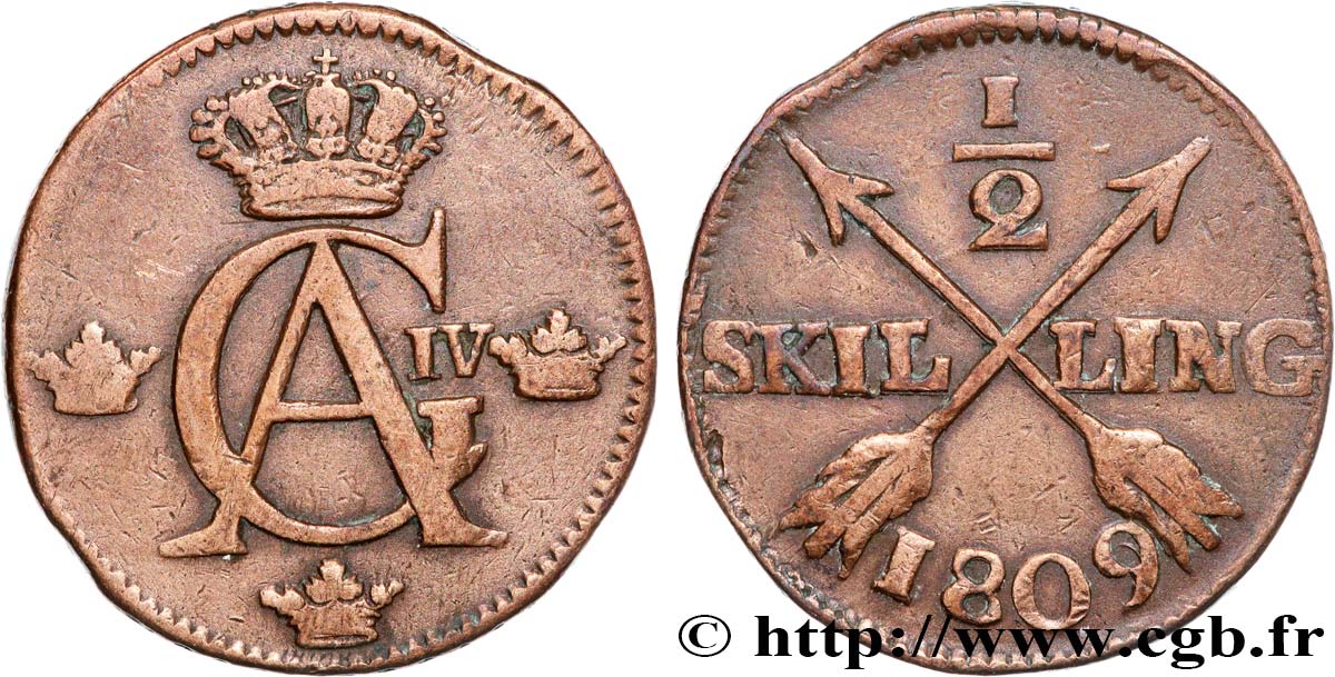 SVEZIA 1/2 Skilling monogramme du roi Gustave IV Adolphe 1809  MB 