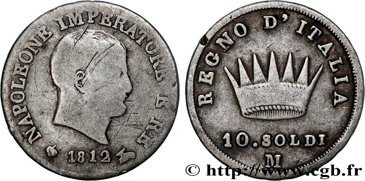 ITALY - KINGDOM OF ITALY - NAPOLEON I 10 Soldi 1812 Milan VF 